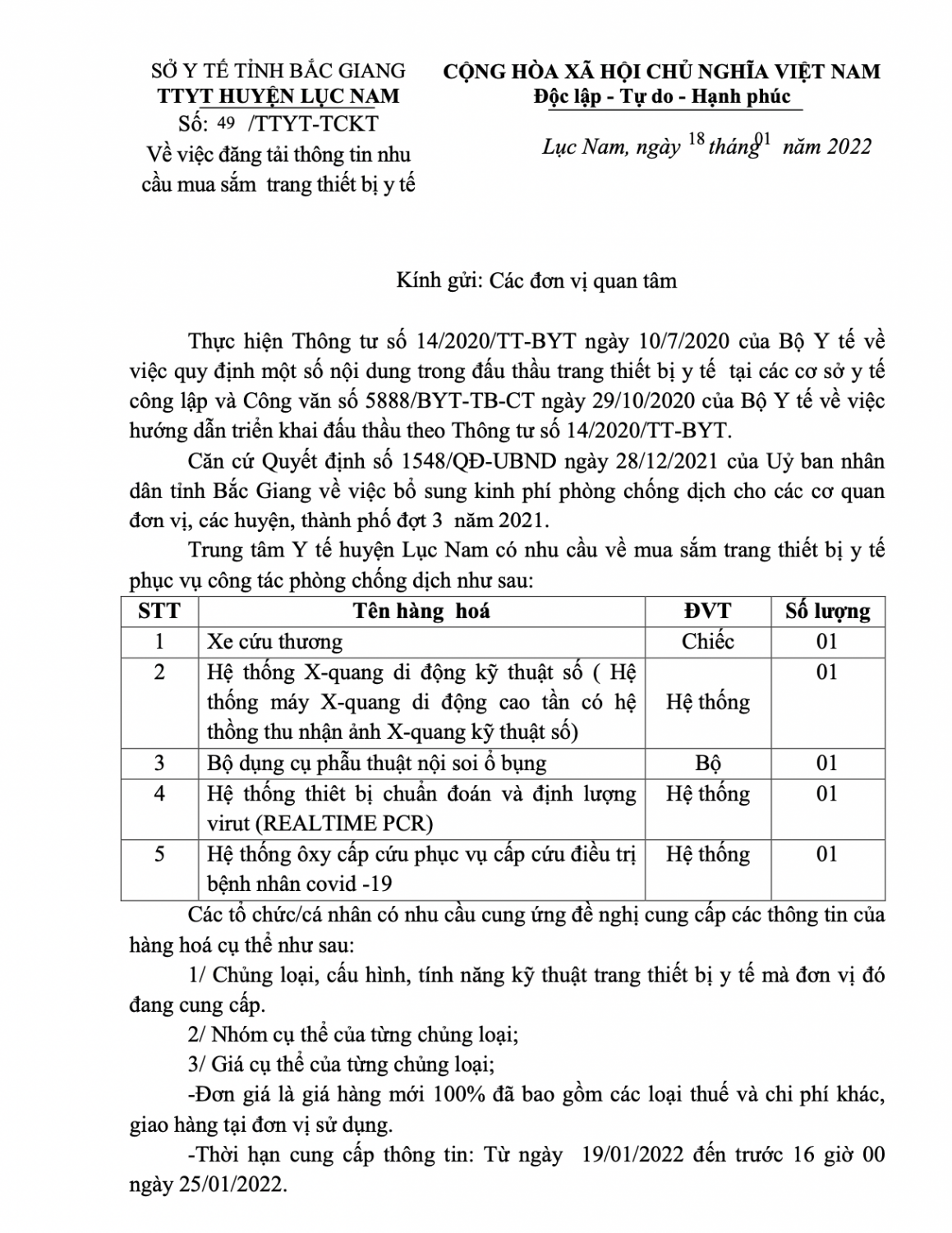 Đăng tải thông tin nhu cầu mua sắm trang thiết bị y tế